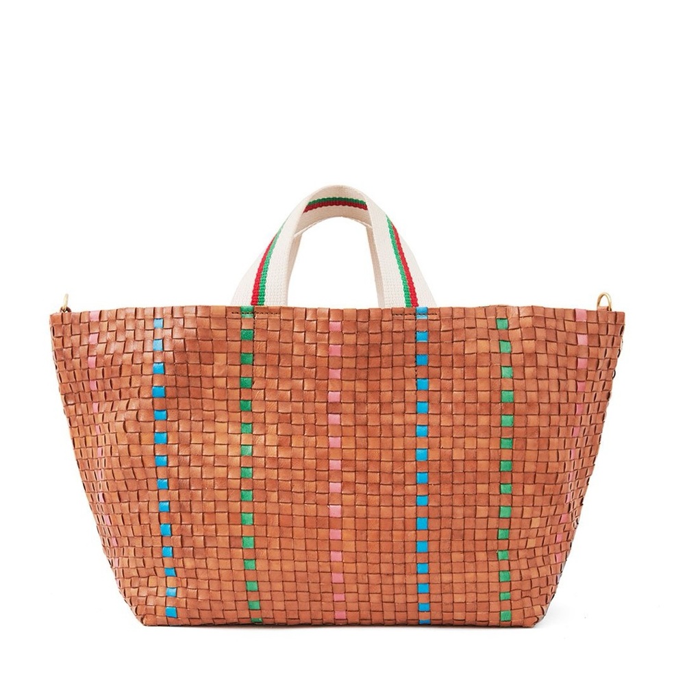 Woven Tan Leather Tote Bag with Multicolor Stripes - Picture 2 of 10